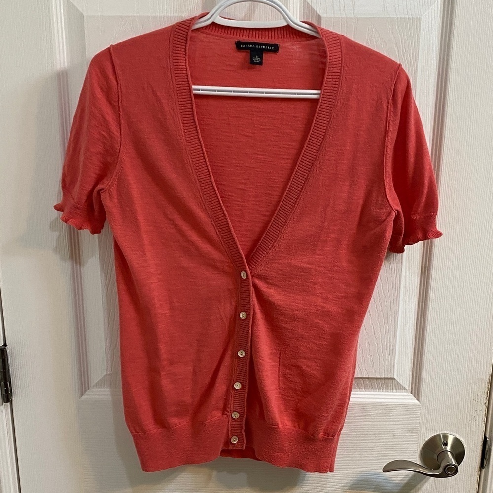 Banana Republic Coral Pink Short Ruffle Sleeve Cardigan Cotton Womens Size Small